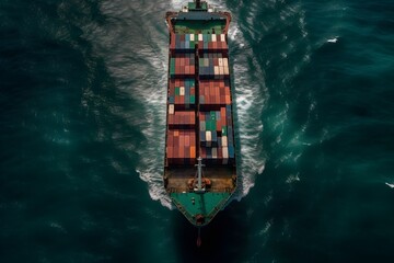 Fototapeta na wymiar Aerial view of a large, heavy loaded container cargo ship