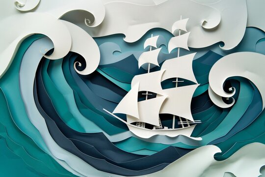 Stormy sea adventure depicted in dynamic papercut style with towering waves a struggling ship and the ominous swirl of a distant whirlpool