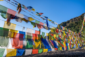 Tibetan Prayer Flags Fluttering in Dehradun Foothills, Uttarakhand, India