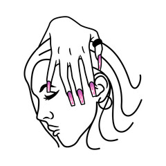 woman face with hand and hair, Design element for logo, poster, card, banner, emblem, t shirt. Vector illustration