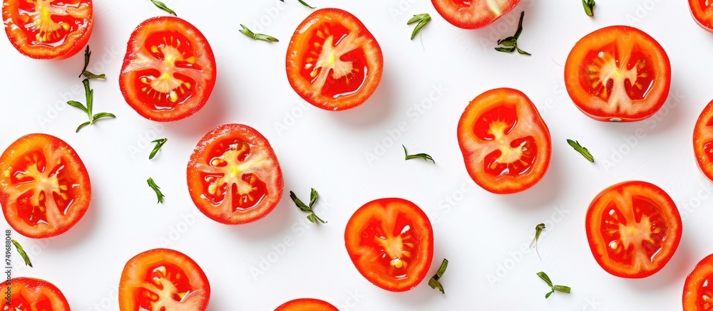 Poster a cluster of red and juicy tomatoes sliced and arranged neatly on a clean white surface. the vibrant