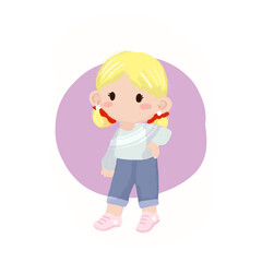 little girl cartoon character pose. Chibi kawaii hand drawing style. Vector illustration of adorable cartoon mascot.