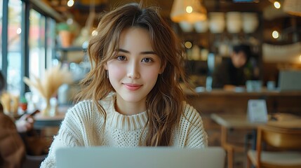 Natural beauty young woman, smiling, beauty hair, write article on her laptop, cafe background
