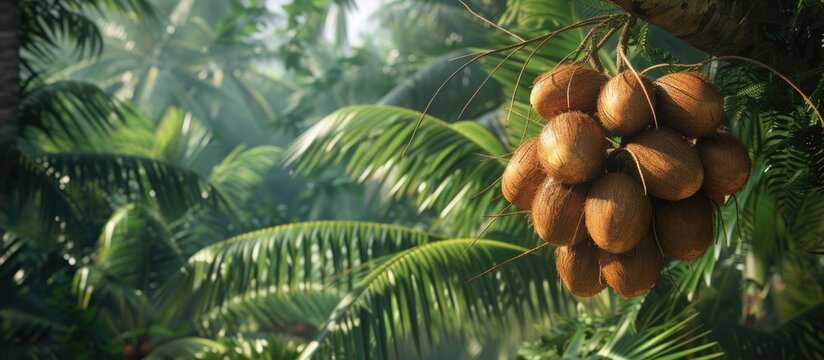 A cluster of exotic coconuts hangs elegantly from a lush and majestic tree. The ripe fruits are a stunning display of natures bounty.