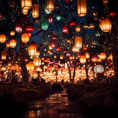 Obraz na płótnie Canvas Glowing lanterns in a nighttime festival.
