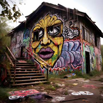 Graffiti-covered abandoned building. 