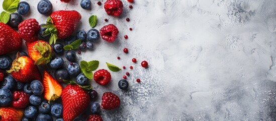 A variety of berries including strawberries, blueberries, and raspberries are neatly arranged on a white stone table. The vibrant colors and juicy texture of the berries create a visually appealing