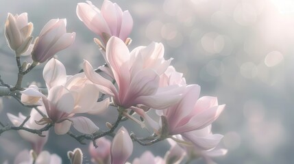Sunlit Magnolia Blossoms with Soft Pink Petals, Springtime Blooming with Bokeh Background
