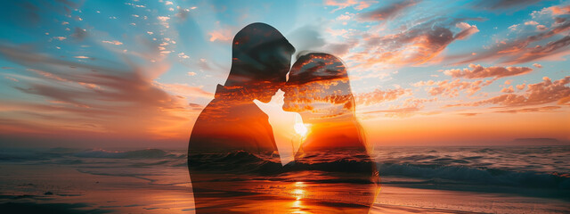 Double exposure of a couple embracing and a serene beach sunset, capturing the warmth and tranquility of love.