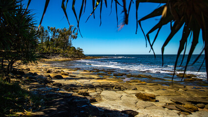 panorama of caloundra headland foreshore reserve near kings beach, sunshine coast, queensland, australia; beautiful rock pools near the beach