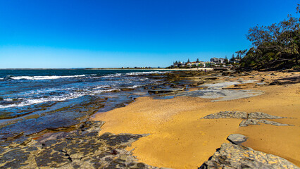 panorama of caloundra headland foreshore reserve near kings beach, sunshine coast, queensland, australia; beautiful rock pools near the beach