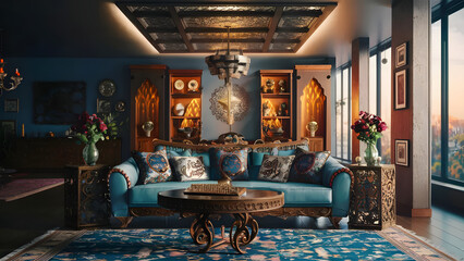 modern Islamic livinf room units lighting with warm light,
modern Islamic chandelier, detailed ceiling design with spotlights and indirect light, beatiful  side table