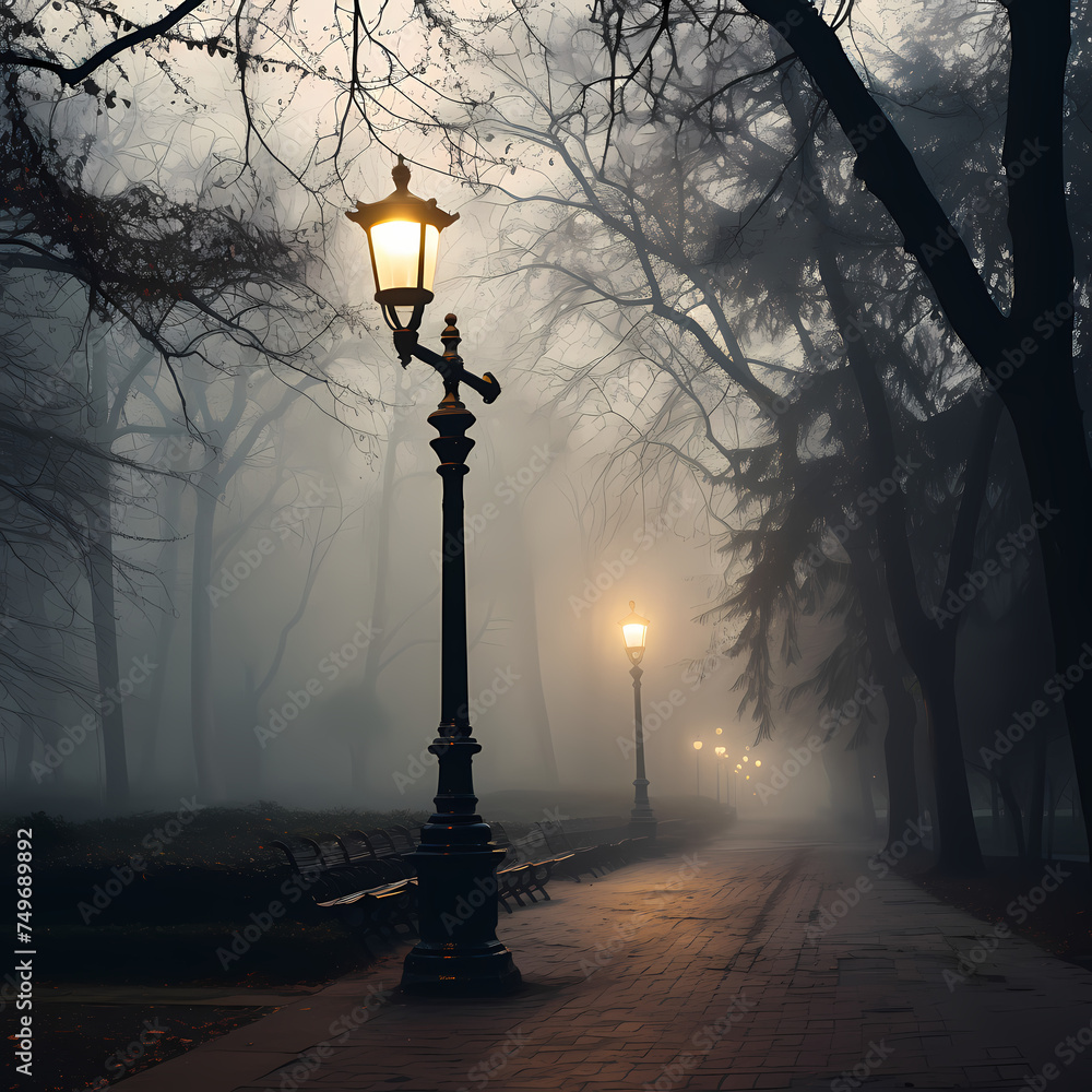 Canvas Prints Old-fashioned street lamp in a foggy park.