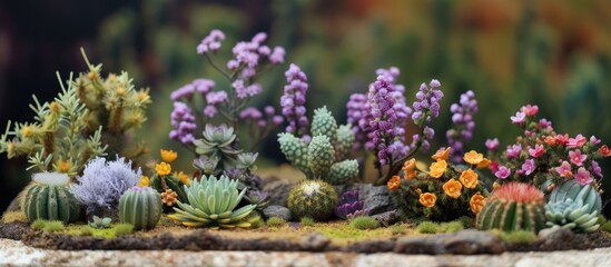 A variety of plants, including blooming miniature lilac flowers and prickly cacti, are arranged neatly on a table. The display showcases a mix of lively colors and textures, adding a touch of nature