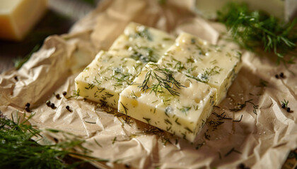 Photo of havarti dill cheese, artisanal cheese, Wisconsin dill cheese, European cheese, European dill cheese, healthy cheese, Danish cheesemaker, Danish cheese, food from Denmark, Danish food  - obrazy, fototapety, plakaty