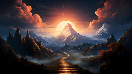 Illustration of magnificent mountain peaks illuminated by brilliant light - obrazy, fototapety, plakaty
