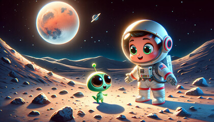A cartoon-style astronaut on the moons surface, discovering a tiny and cute green alien extraterrestrial being
