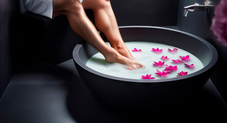Man soaking his feet in bath with milk and flowers on dark background - 749691000