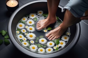 Male feet in a basin with water and chamomile flowers on dark background - 749691039