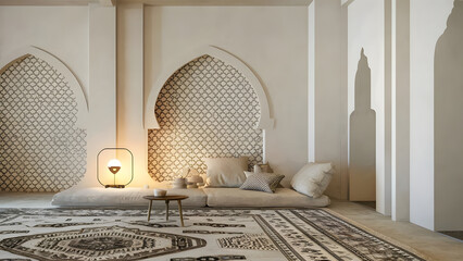 A stunning image of a modern Islamic interior design featuring minimalist elements.