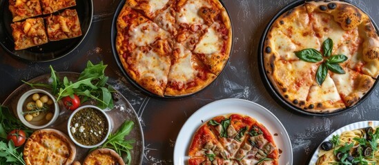 A variety of different types of pizza laid out on a table, showcasing a delicious assortment of flavors including cheese, pepperoni, vegetable, and meat toppings.
