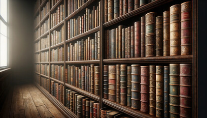 A long bookshelf filled with aged, plain-spined books