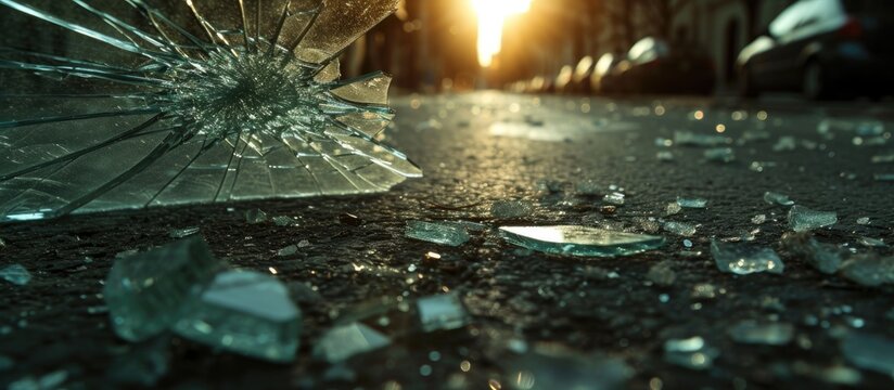 A broken umbrella lies neglected on the side of a busy street, its fabric torn and frame bent out of shape. The shattered glass scattered around adds to the neglected scene.