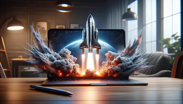 A sleek silver laptop with a futuristic rocket ship launching from its screen