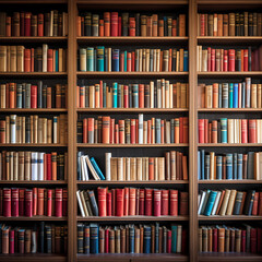 Rows of identical books on a library shelf.