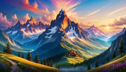 Fotobehang Mystical Mountains, Fantasy, Magical, Enchanted, Landscape, Peaks, Nature, Surreal, Dreamlike, Scenery, Mystical, Ethereal, Unreal, Fantasy World, AI Generated © Say it with silence.
