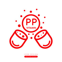 Vitamin PP icon red floating out of capsule Isolated on a white background. Form simple line. Design for use on web app mobile and print media. Vector.