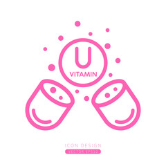 Vitamin U icon pink floating out of capsule Isolated on a white background. Form simple line. Design for use on web app mobile and print media. Vector.