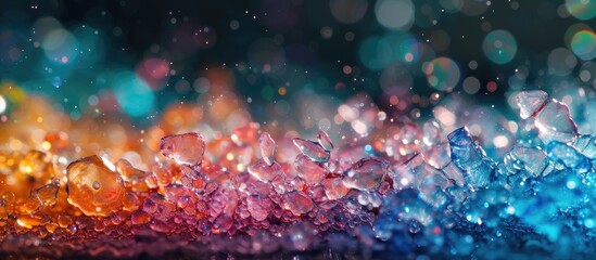 Close-up view of numerous water droplets resting on a dark black background, reflecting light and creating a striking contrast. - obrazy, fototapety, plakaty