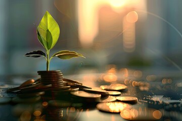 Young plant sprouting from stacked coins in a warm, glowing light, symbolizing investment and growth - obrazy, fototapety, plakaty