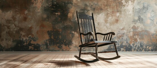 A weathered black rocking chair sits in front of a wall, exuding vintage charm with its old design. The chair adds character to the space it occupies.