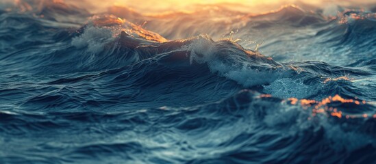 The sun is setting over the ocean waves, casting a warm glow across the water as the waves crash against the shore.