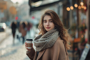 a beautiful woman walking on a sidewalk with a cup of coffee