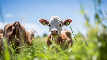 Young calf in the pasture with green grass on a summer day with many flies around its eyes