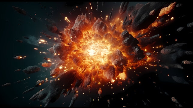 Big explosion with fire and debris in space with Earth as background