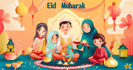 Happy family greeting and celebrating eid