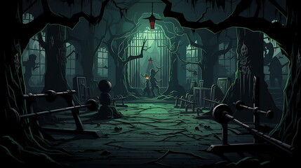 A gym layout for a haunted forest fitness center, with spooky workouts and eerie forest decor.
