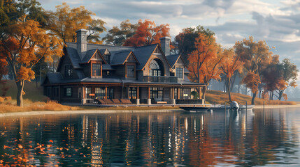 A waterfront big house with a boathouse garage, offering direct access to the water. - obrazy, fototapety, plakaty