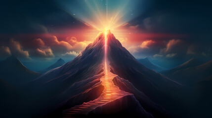 Road to success concept, glowing light road up the mountain