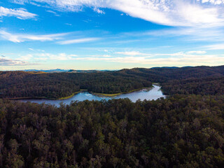 drone aerial panorama of enoggera reservoir and enogerra dam in brisbane, queensland, australia