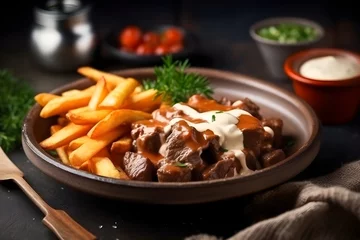 Foto op Canvas Street food plate with french fries. Unhealthy tasty fried potatoes with beef stew and mayonnaise © VisualVanguard