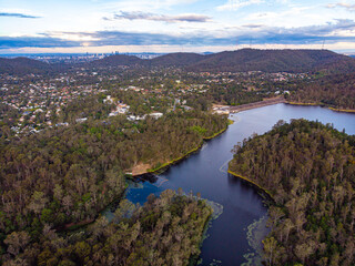 Obraz na płótnie Canvas drone aerial panorama of enoggera reservoir and enogerra dam in brisbane, queensland, australia