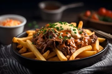 Foto op Canvas Street food plate with french fries. Unhealthy tasty fried potatoes with beef stew and mayonnaise © VisualVanguard