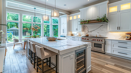 A spacious kitchen with white cabinets, a marble countertop, and a large window overlooking the garden.