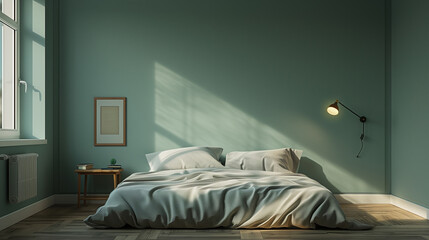 A simple bedroom with a gray bed, a nightstand, and a wall-mounted lamp.
