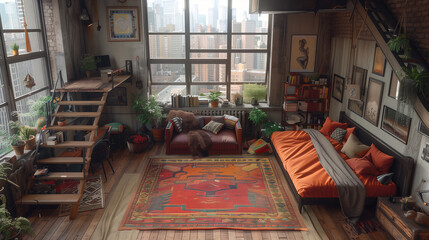 A stylish studio apartment with a loft bed, a sofa, and a rug.